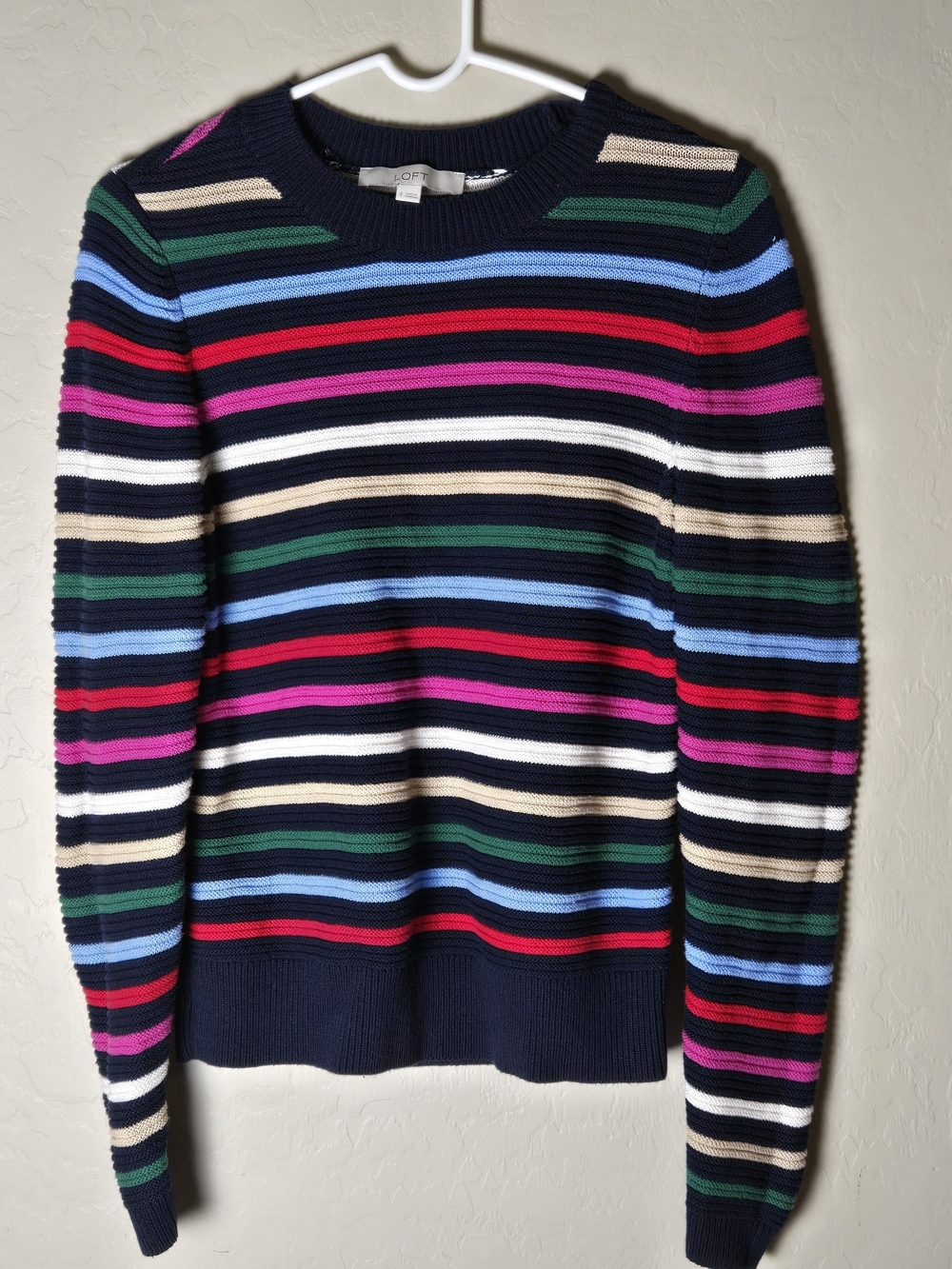 LOFT Navy Blue Multicolor Rainbow Striped Knit Crewneck Pullover Sweater S